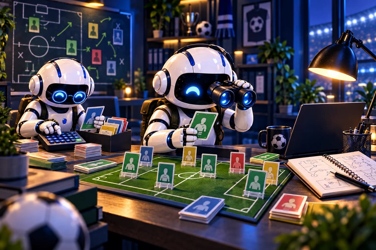 Scout und Markt als kleine Roboter: Spieler recherchieren, Karten vergleichen und das Budget prüfen