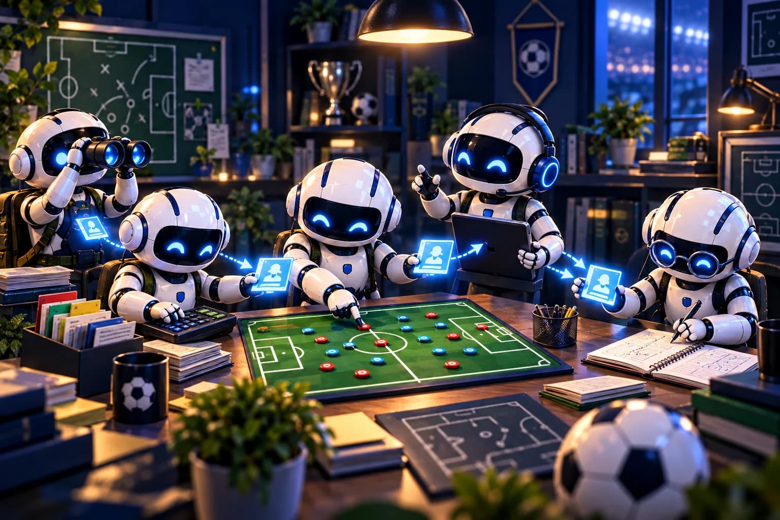 Fünf Roboter stimmen sich an einem Fußball-Taktikbrett ab und geben Informationen weiter