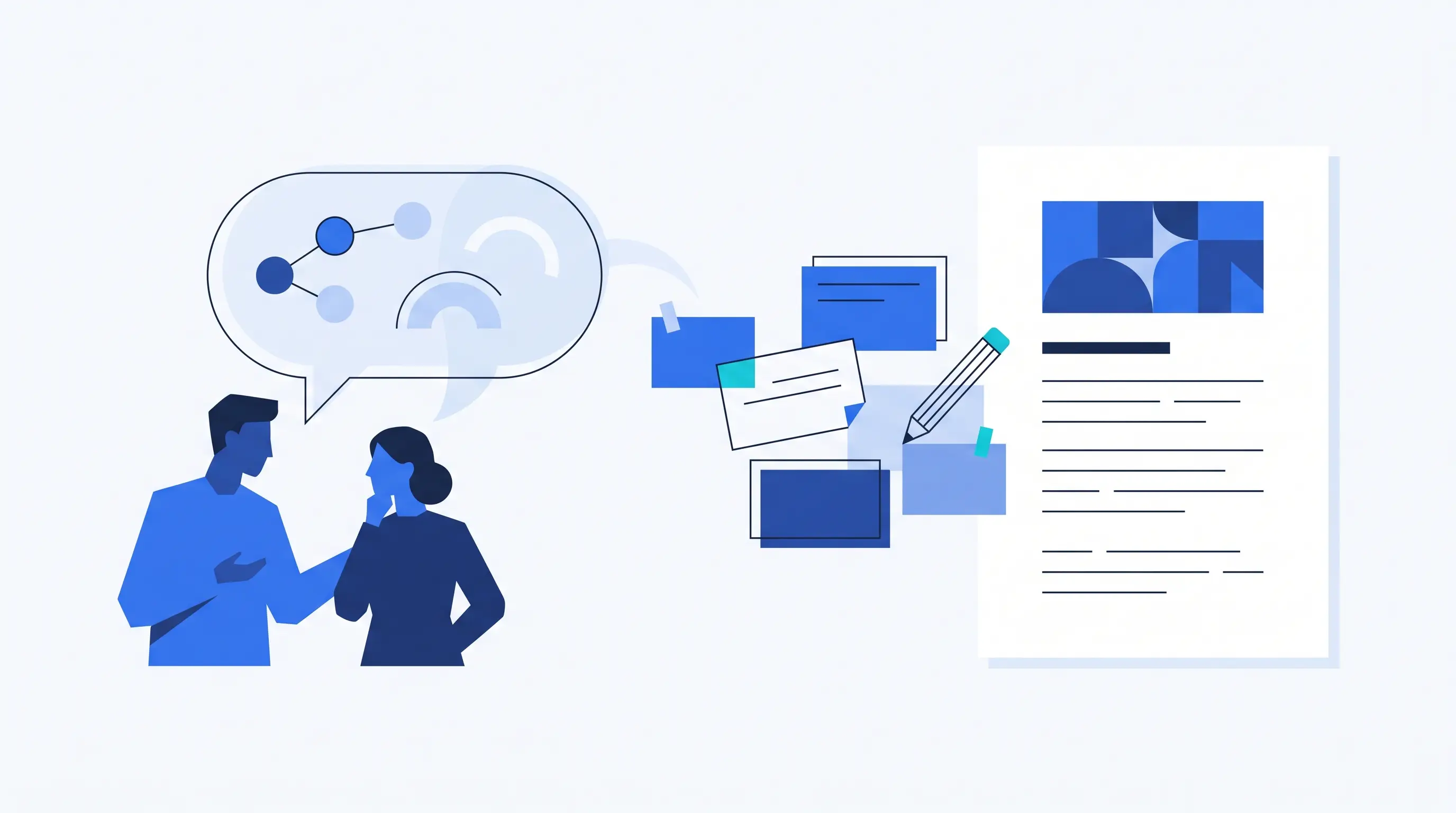Blaue Illustration: Aus einem Gespräch entstehen geordnete Notizen und anschließend ein Artikel.