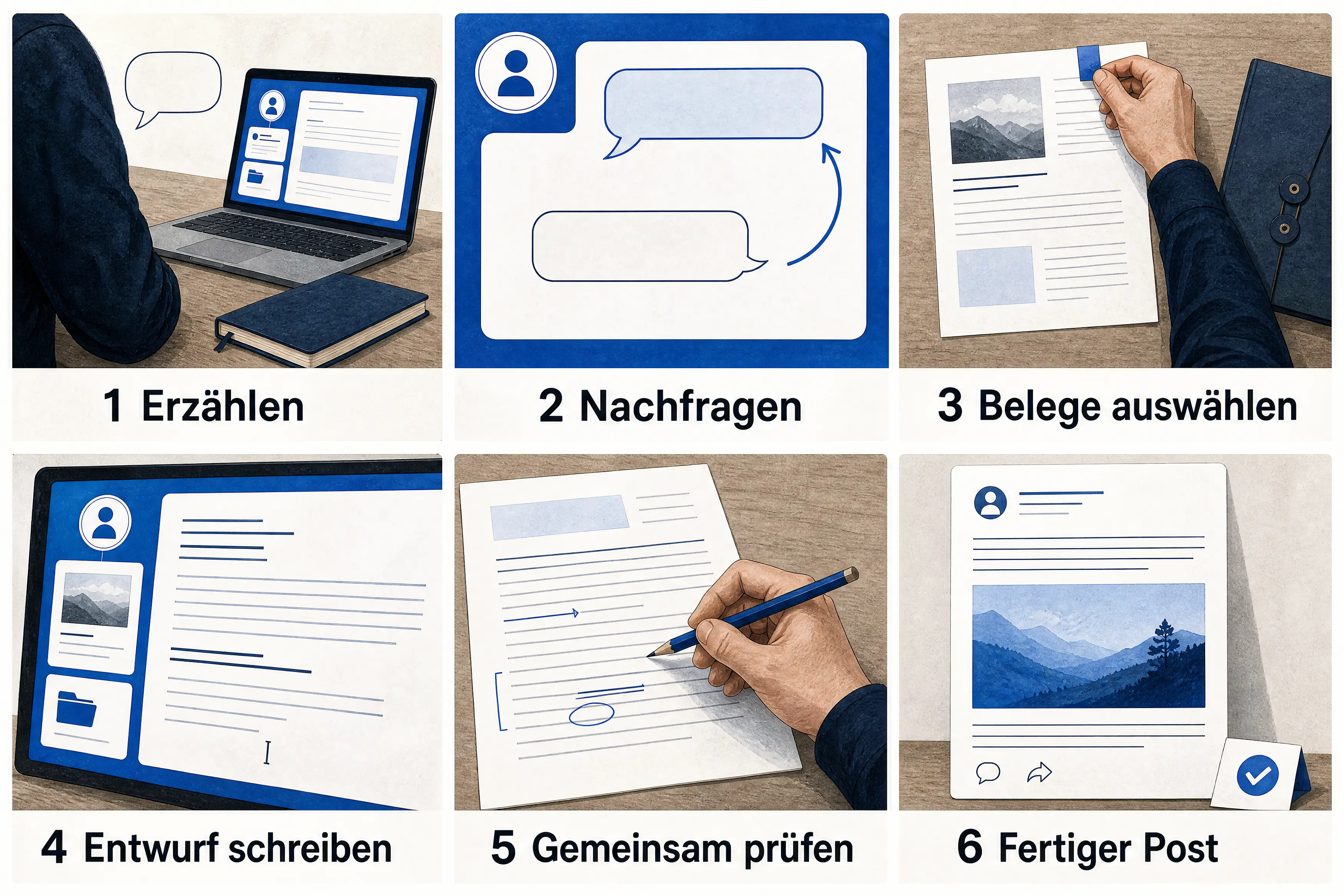 Sechs Szenen des redaktionellen Ablaufs: Erzählen, Nachfragen, Belege auswählen, Entwurf schreiben, gemeinsam prüfen und ein fertiger LinkedIn-Post.