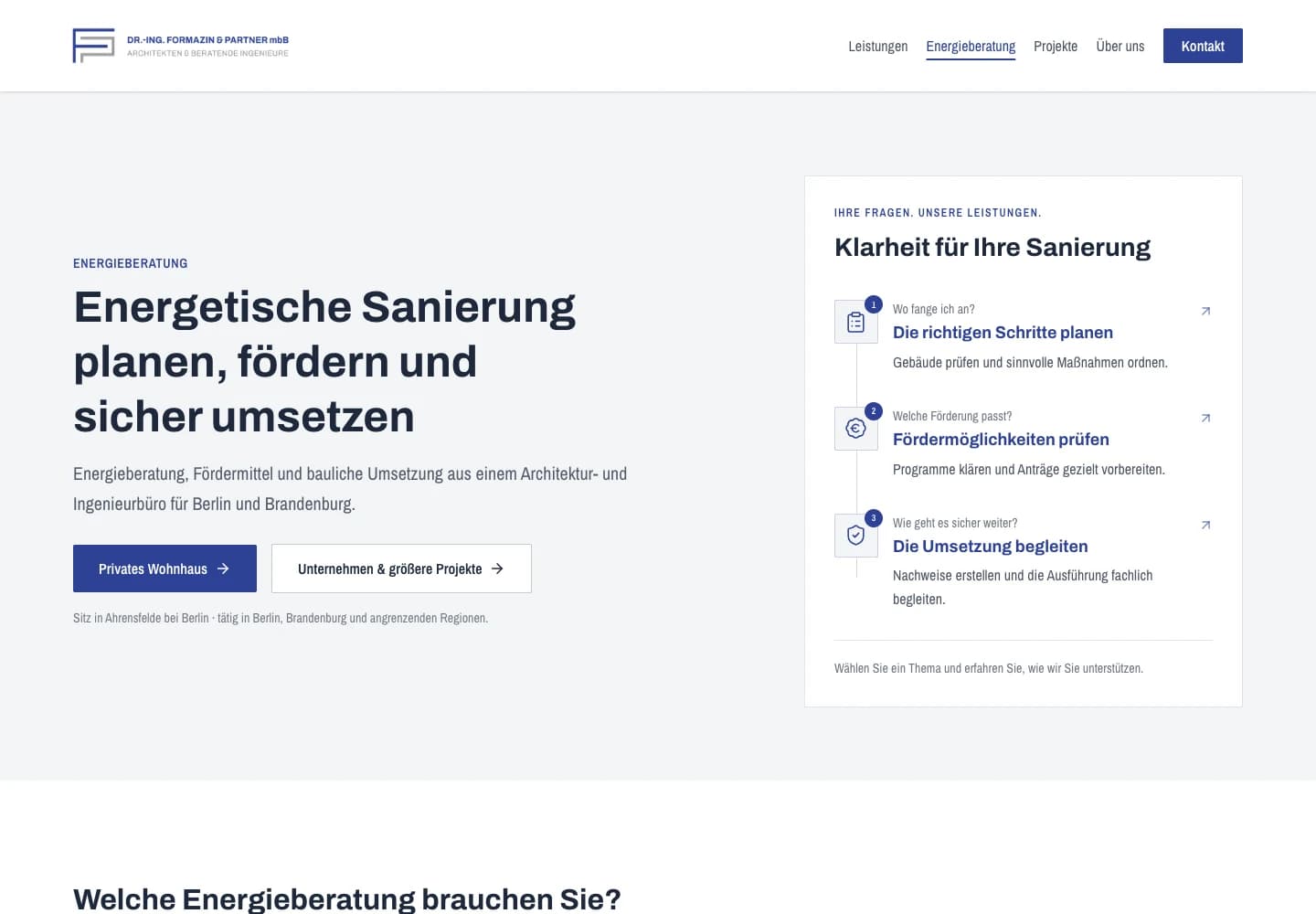 Später ergänzter Energieberatungsbereich mit erklärender Infografik und Einstiegen für private und größere Vorhaben
