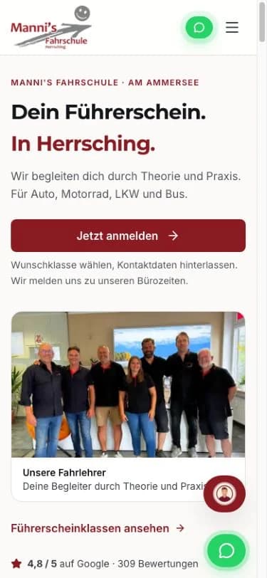 Mobile Startseite von Mannis Fahrschule mit Kontaktmöglichkeiten