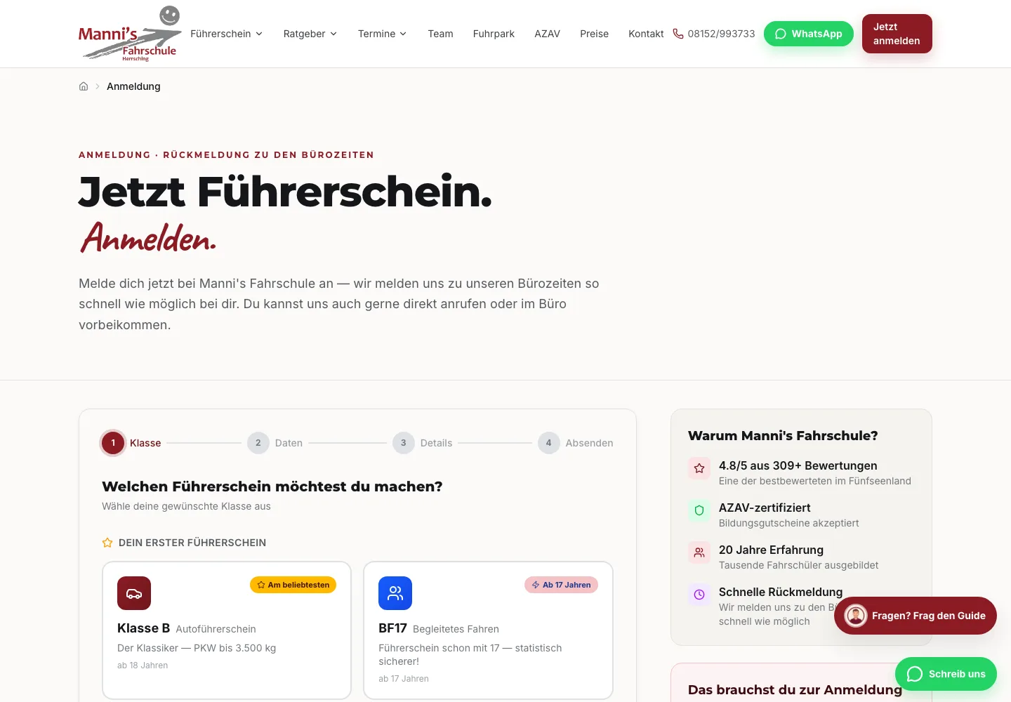 Erster Schritt des Anmelde-Assistenten von Mannis Fahrschule mit leeren Feldern