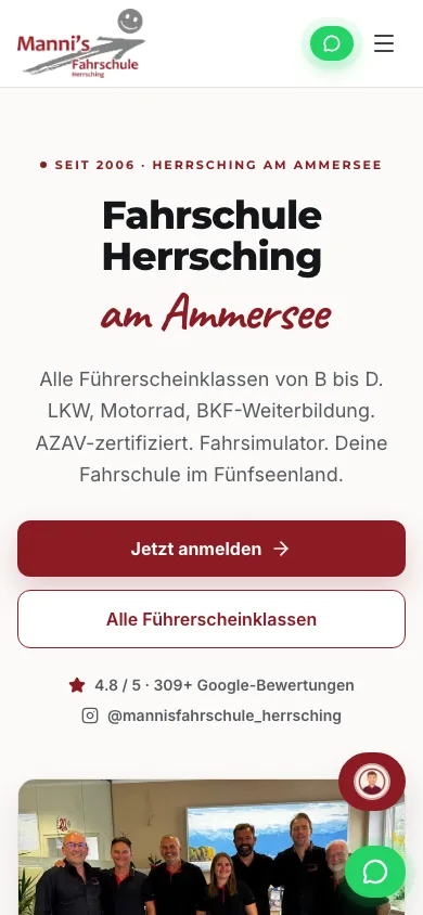 Mobile Startseite von Mannis Fahrschule mit Kontaktmöglichkeiten