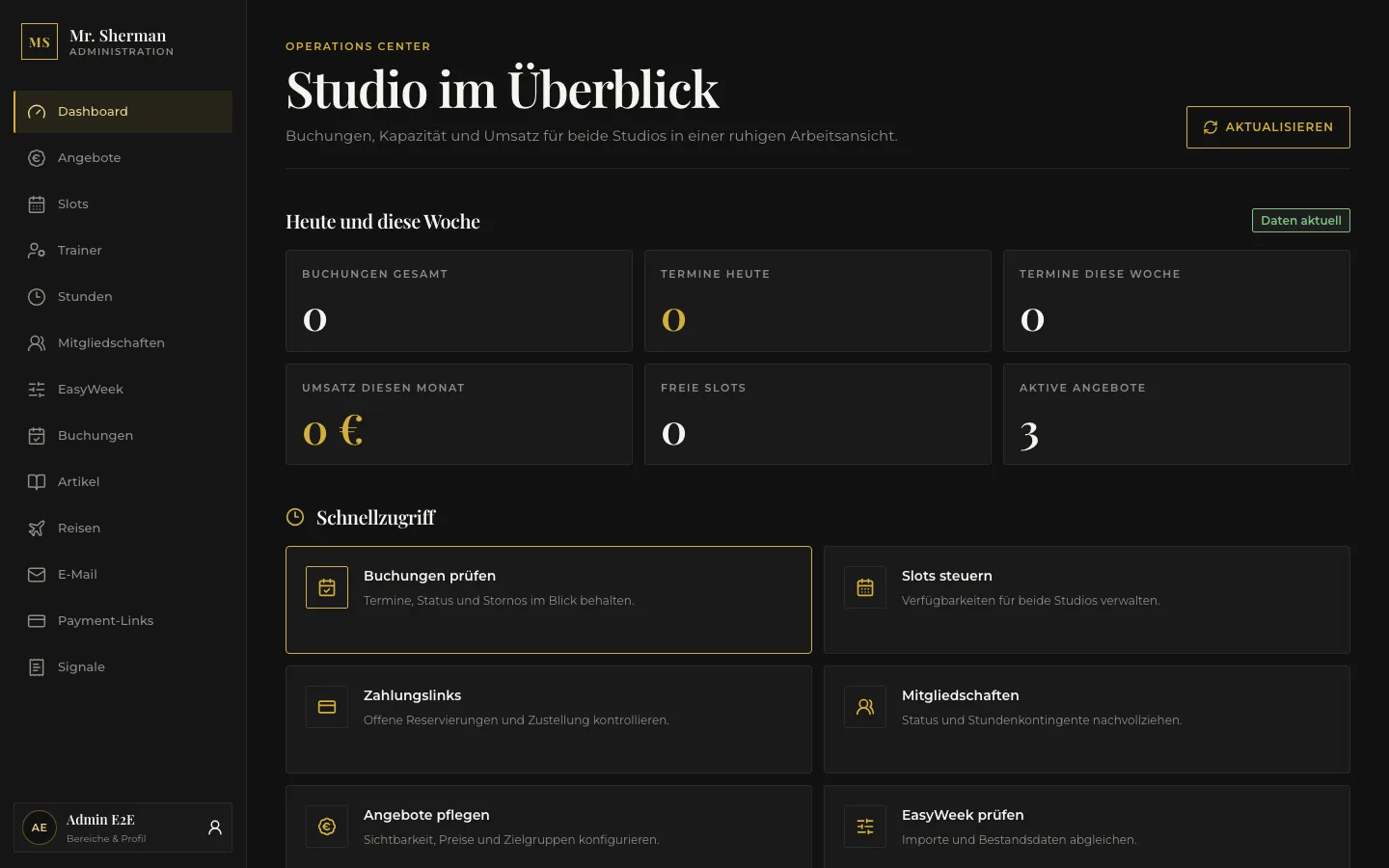 Demoansicht des Verwaltungsbereichs der Sherman-Plattform