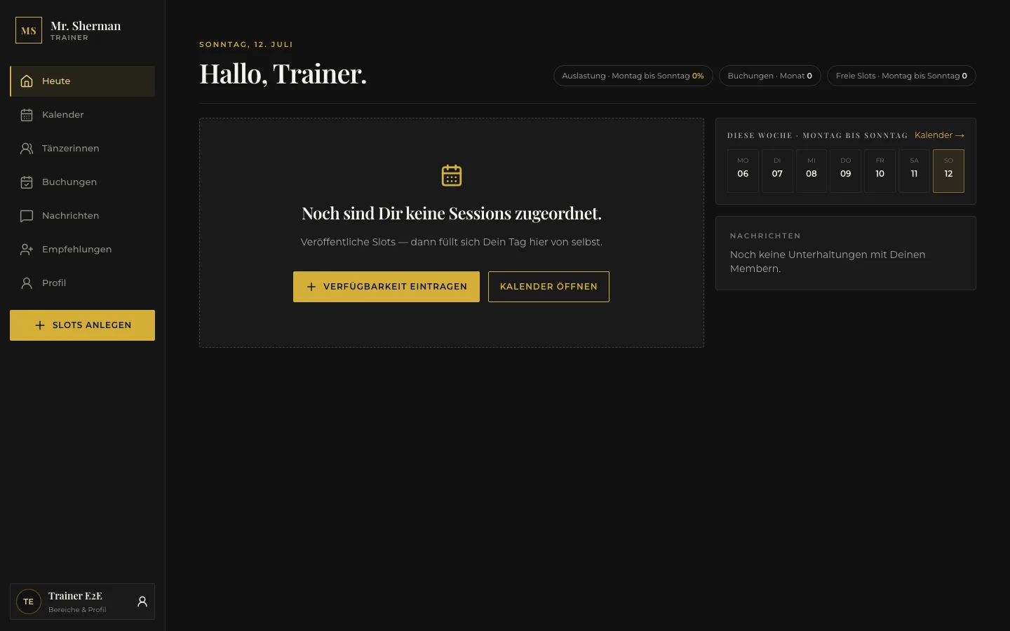 Demoansicht des Trainerbereichs der Sherman-Plattform