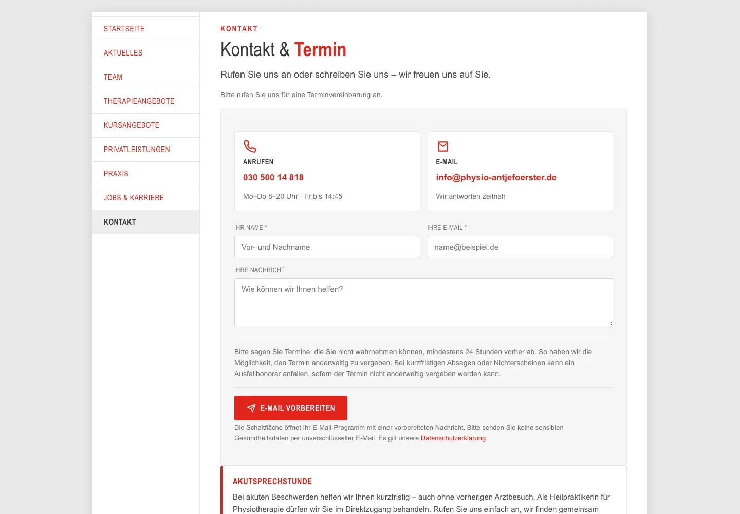 Kontaktseite der Physiotherapie Antje Förster mit leerem Formular