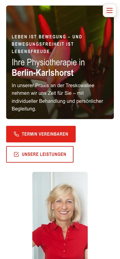 Mobile Startseite der Physiotherapie Antje Förster mit Kontaktmöglichkeiten