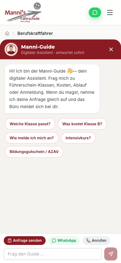 Der Chatbot auf der Seite von Mannis Fahrschule