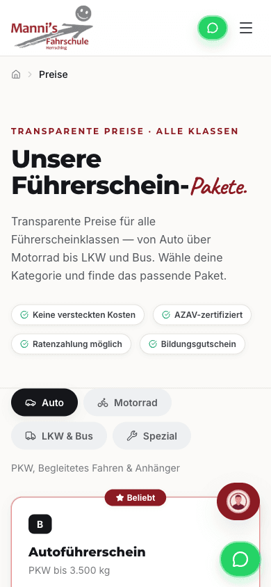 Preisseite von Mannis Fahrschule am Handy