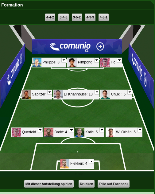 Originalausschnitt aus Comunio vom 8. September 2026: sichtbare 4-3-3-Elf und Bestätigungsbutton. Die Zahlen neben den Spielern beziehen sich auf frühere Spieltage, nicht auf Spieltag 3. Speicherung nicht separat bestätigt.